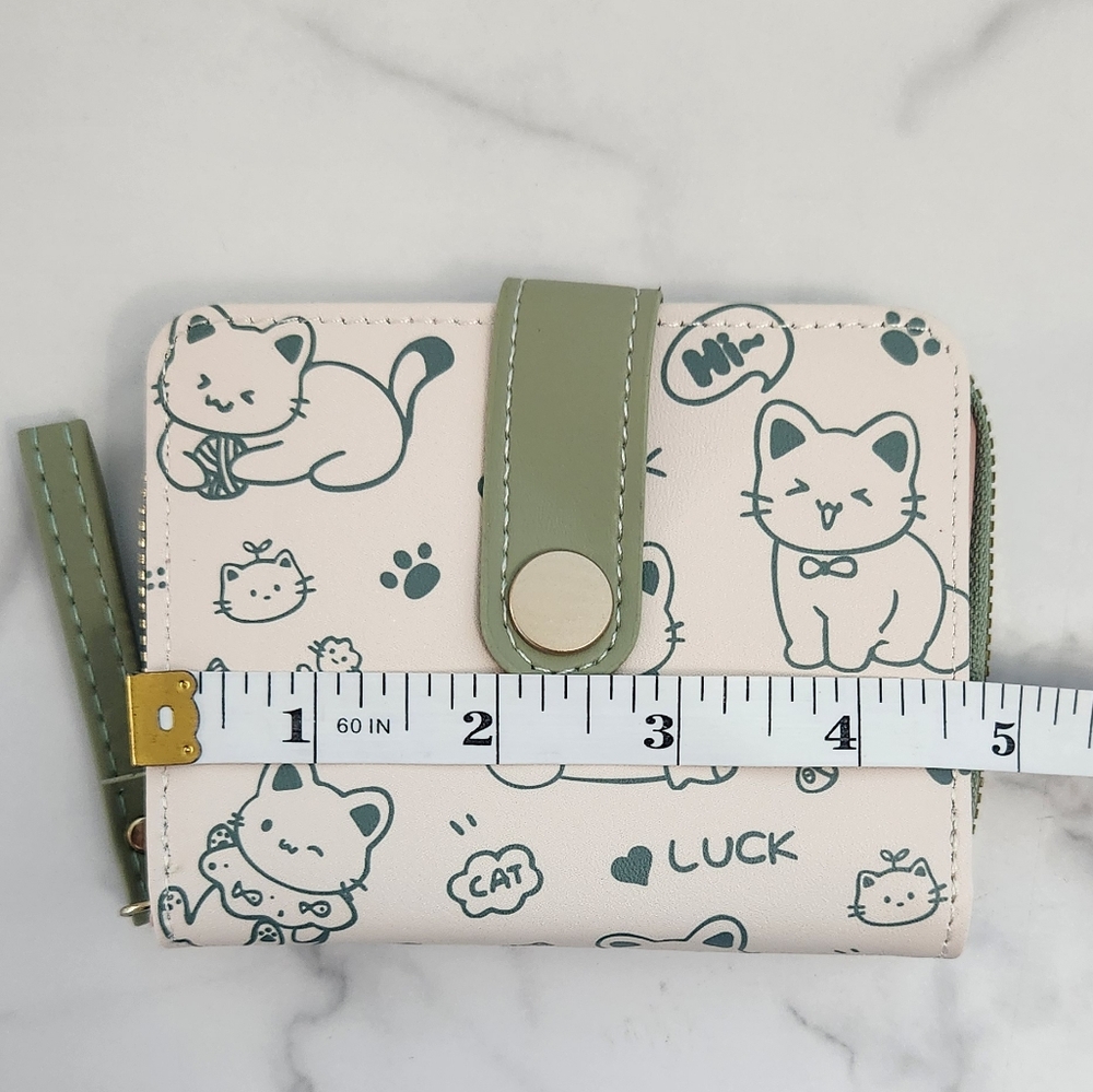Whimsical Cat Print Mini Wallet Green & White PU Leather • Wristlet Card Hol - Picture 14 of 15